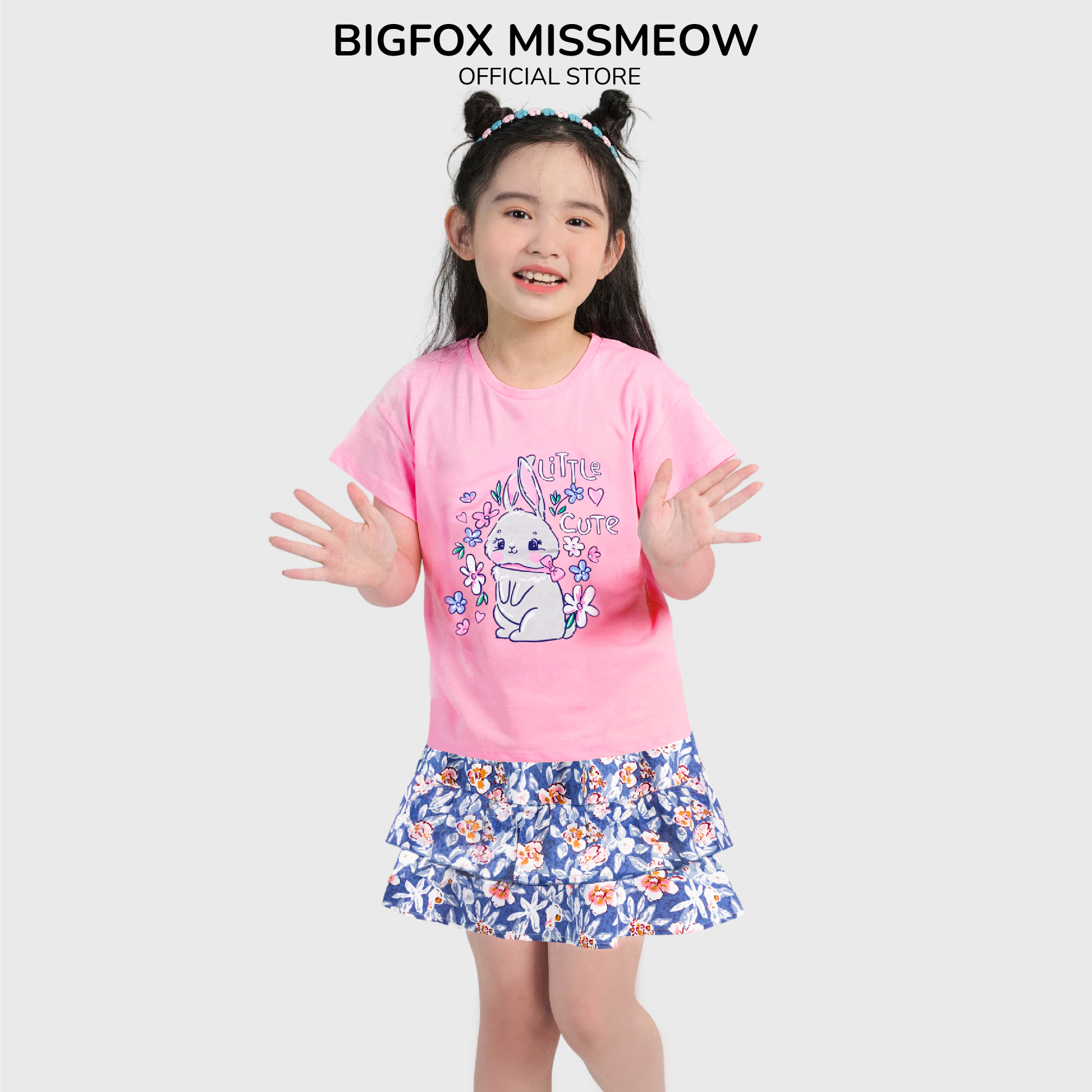 Bộ Đồ Cộc Tay Cho Bé Gái Missmeow Mặc Mùa Hè Chất Liệu Cotton In Hình Thỏ Hồng Size Đại Trẻ Em 3,4,5,6,7,8 Tuổi - BỘ HỒNG VÁY THÔ HOA - size 120, 19 - 21 kg