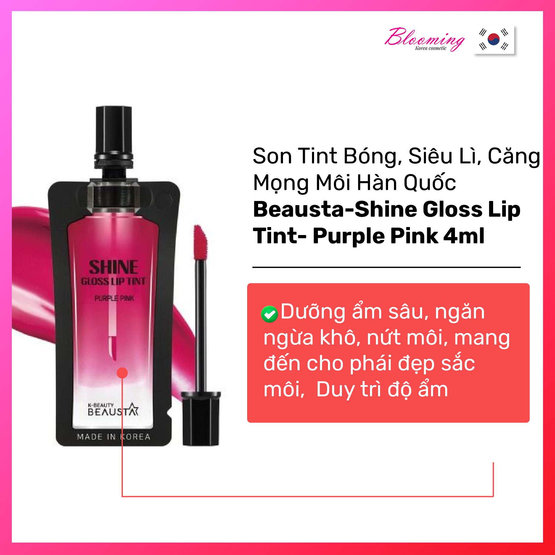 Son tint trang điểm môi Beausta Shine Glosslip Tint Purple Pink 4ml