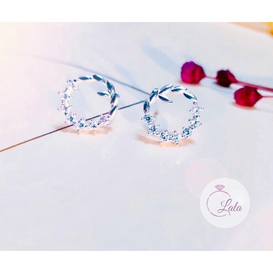 Khuyên tai bạc nữ vòng nguyệt quế đính đá,bông tai bạc nữ hình tròn