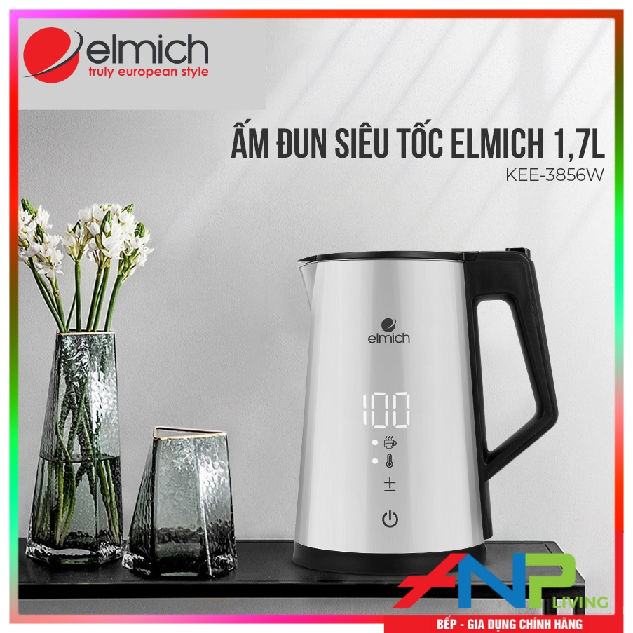 Ấm đun siêu tốc Elmich KEE-3856 (Cấu Tạo 2 Lớp, Dung tích 1,7 Lít, Công suất 2200W, Màn Hình Cảm Ứng, Hiển Thị 5 Mức Cài Đặt Nhiệt Độ) - Hàng Chính Hãng