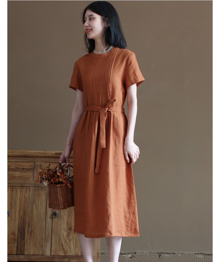 Đầm linen suông thiết kế , Đầm váy nữ dáng dài cổ tròn, ngắn tay eo có dây thắt Haint Boutique Da191