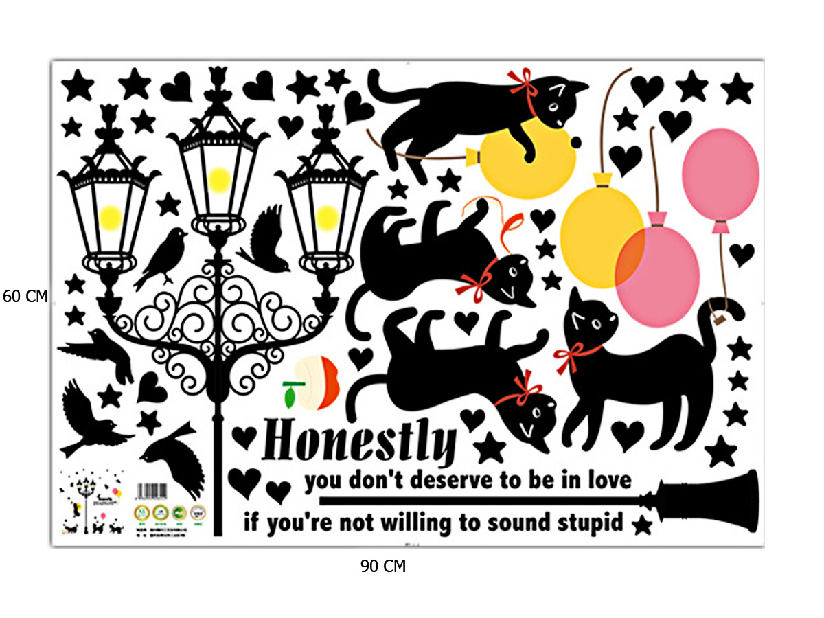 Decal dán tường cột đèn và đàn mèo đen