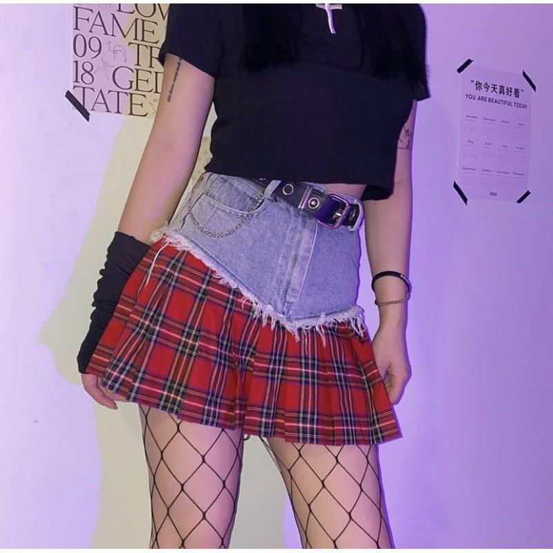 CHÂN VÁY JEANS PHỐI CARO CỰC CHẤT