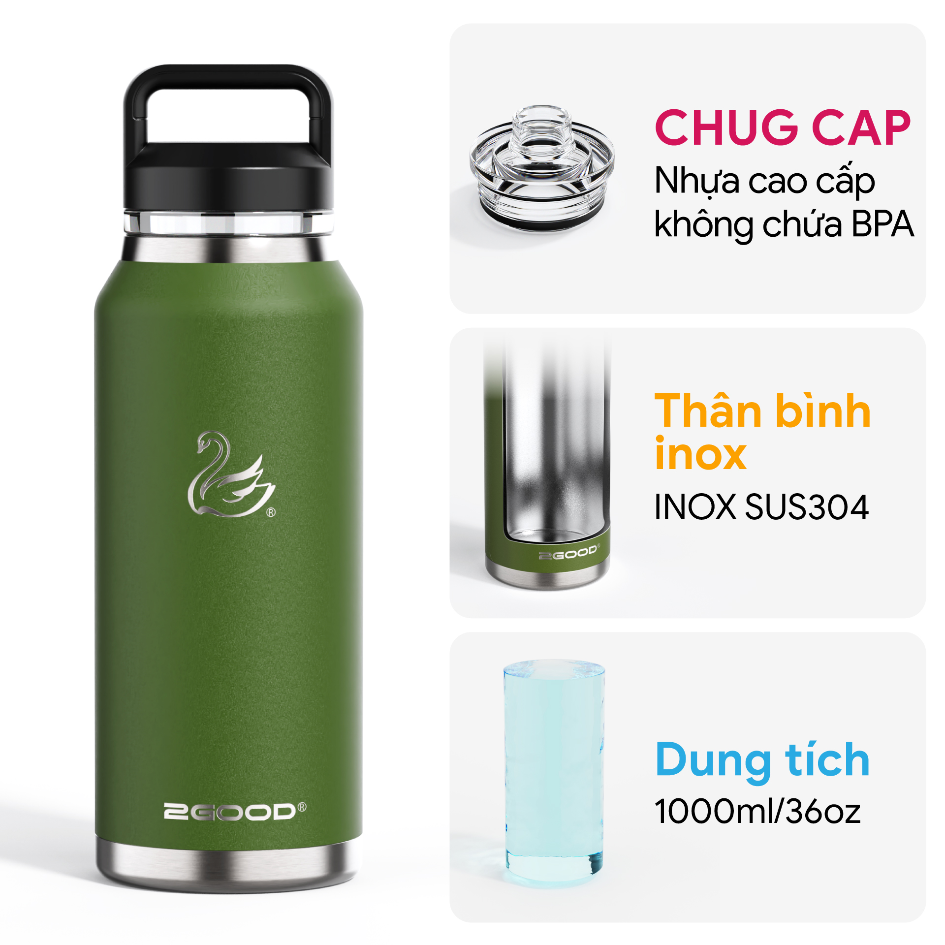 Bình giữ nhiệt 2GOOD Chug Cap CC-01 (1000ml) - Hàng Chính Hãng