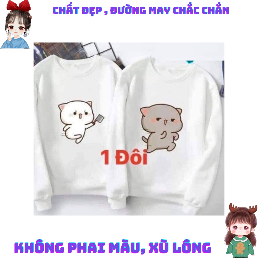 Áo Đôi Sweater Nam Nữ MM10, Áo Đôi Sweater In Mèo Chém ý Nghĩa, Vải Nỉ Bông In Hình Dễ Thương
