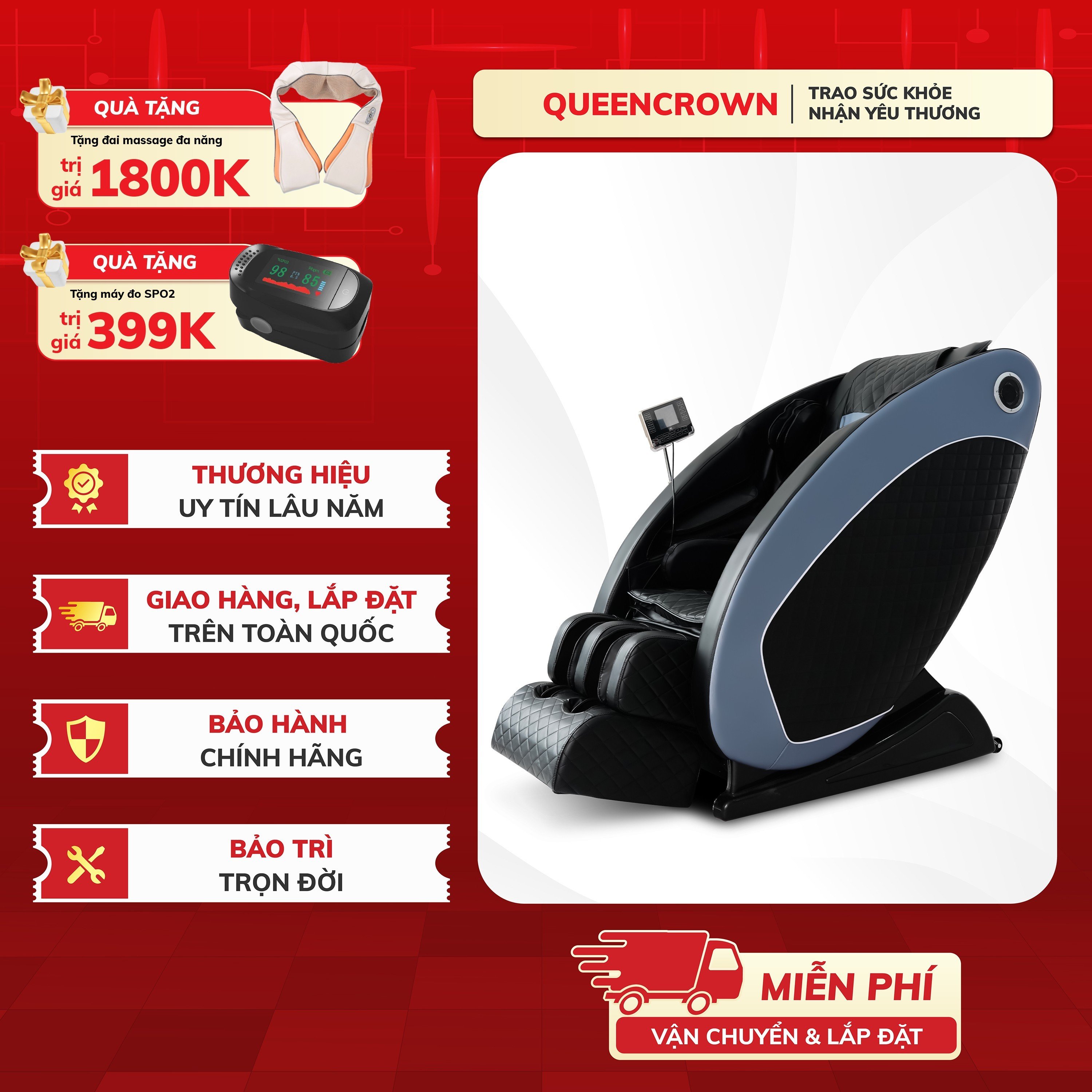 Ghế massage Queen crown QC7 - Thiết kế tinh xảo - Điều khiển bằng tiếng Việt - Công nghệ massage 4D