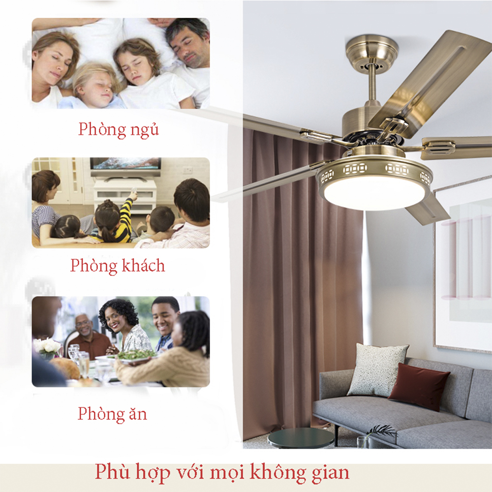 Quạt trần đèn trang trí thông minh 5 cánh sắt QAT001 - Tích hợp đa chức năng