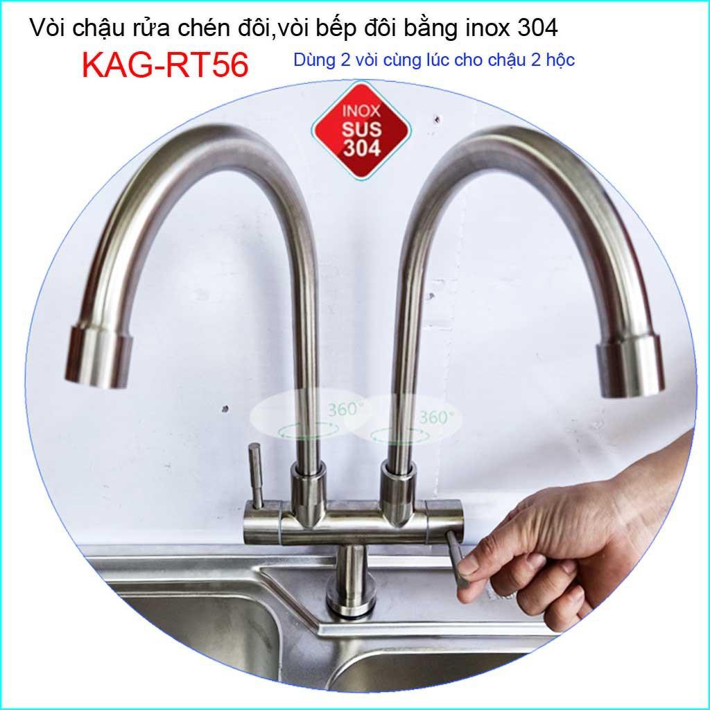 Vòi rửa chén đôi Inox SUS304 KAG-RT56, vòi chậu 2 hộc, vòi rửa chén bát lạnh 2 đầu vòi xả nước mạnh sử dụng tốt