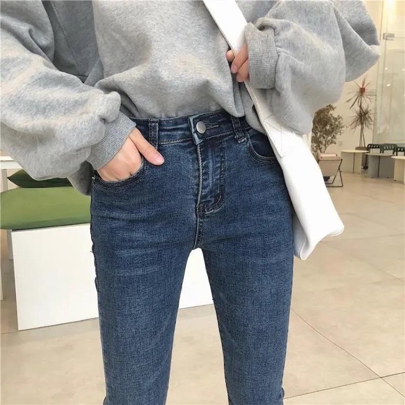 Quần Jeans Nữ Màu Xanh Ống Loe Tua Gấu Cạp Cao Ống Bó Xoè Đứng Phong Cách Ulzzang Chất Liệu Co Dãn Loại 1 Mặc Hàng Ngày