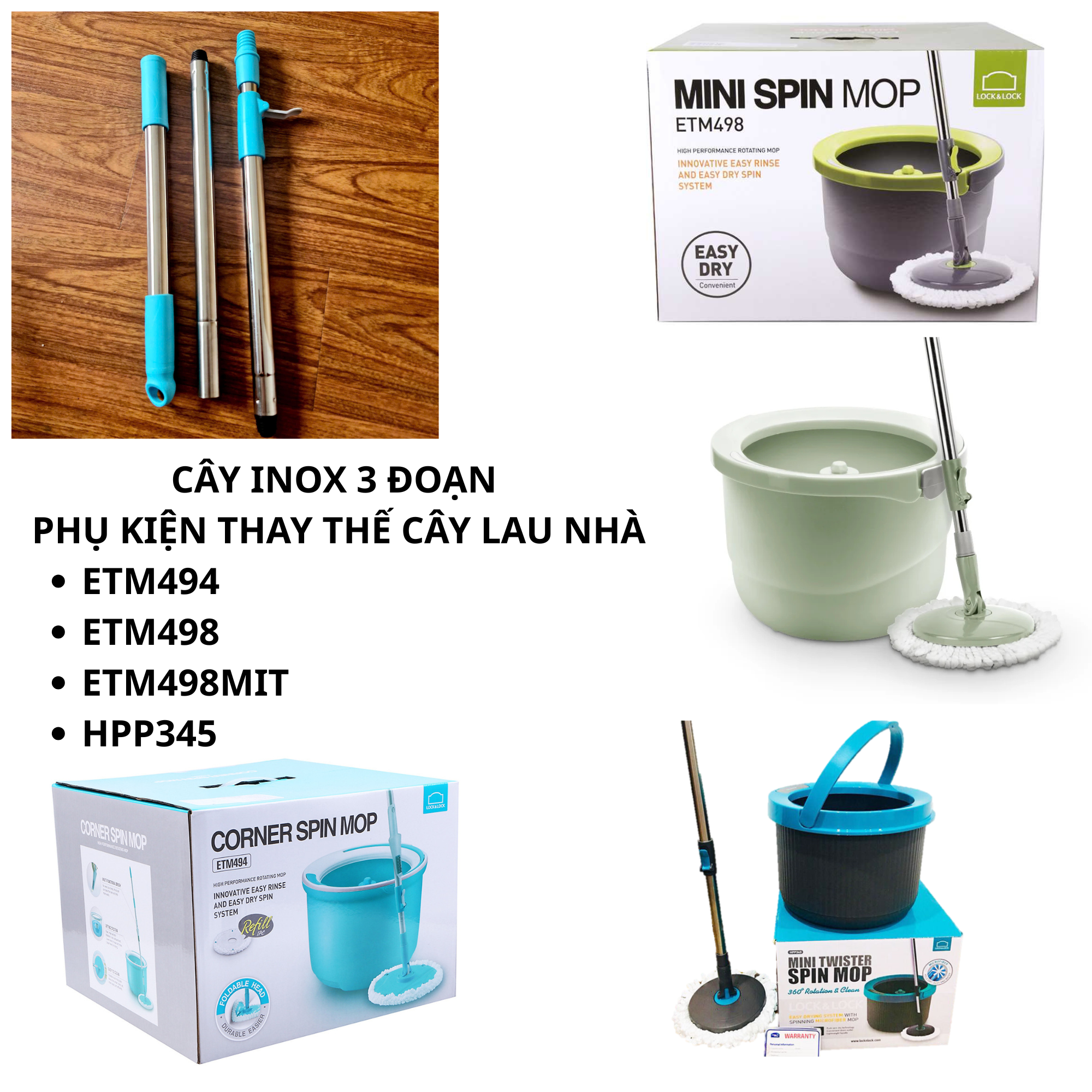 Phụ Kiện Cây Inox 3 Đoạn /Gậy Thay Thế Cho Cây Lau Nhà LocknLock– Dùng Cho ETM498 ETM494 HPP345
