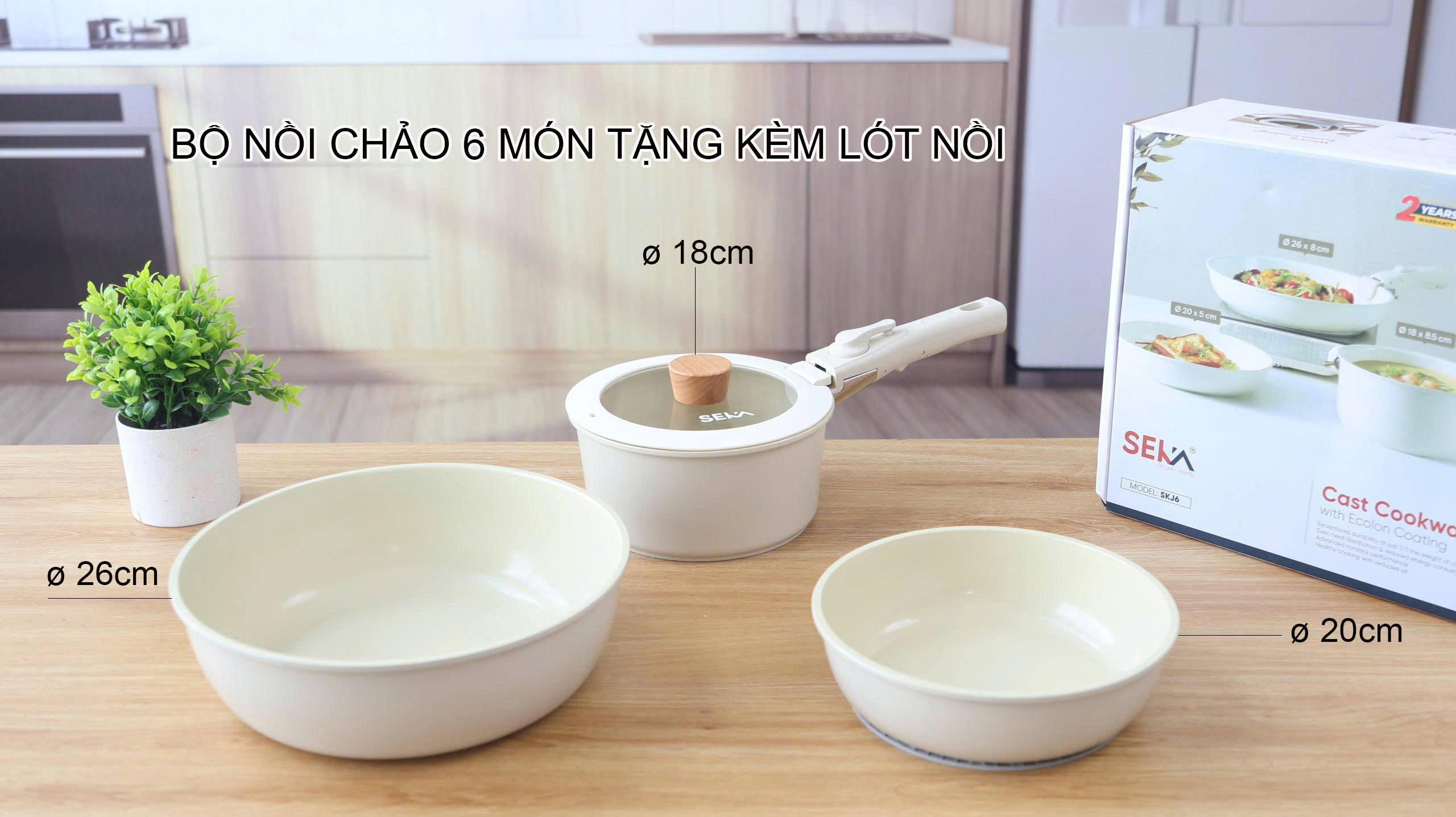 Bộ 3 Nồi Chảo SEKA SKJ6 Nhôm Đúc Nguyên Khối Tay Cầm Tháo Rời Dùng Mọi Loại Bếp - Hàng Chính Hãng Bảo Hành 2 Năm