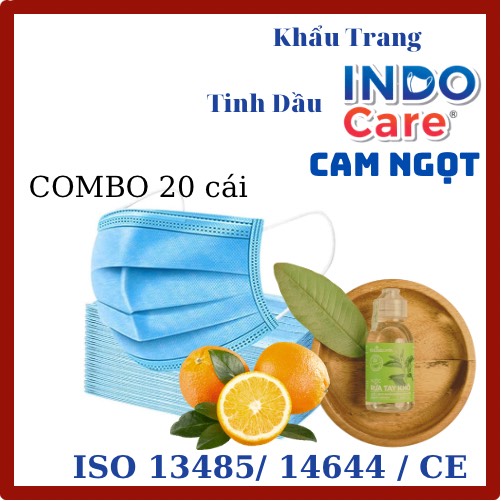 [ComBo Du Lịch 20] cái Khẩu Trang Tinh Dầu Cam Ngọt Chống Say Tàu Xe - Khử Mùi Hơi Thở INDO CARE / Kháng Khuẩn 99% 4 lớp + Chai Nước Rửa Tay Khô chiết xuất Lá Ổi 100ml