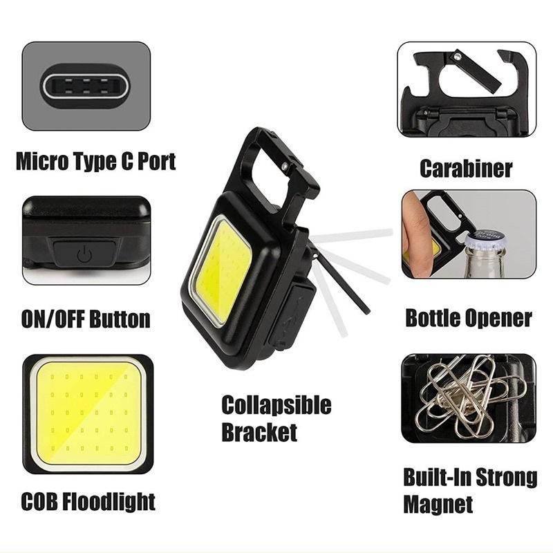 Đèn móc khóa Mini LED COB 800 Lumens Có Móc Khóa Di Động Đa Ứng Dụng chống nước có cáp sac dây đeo hộp đựng