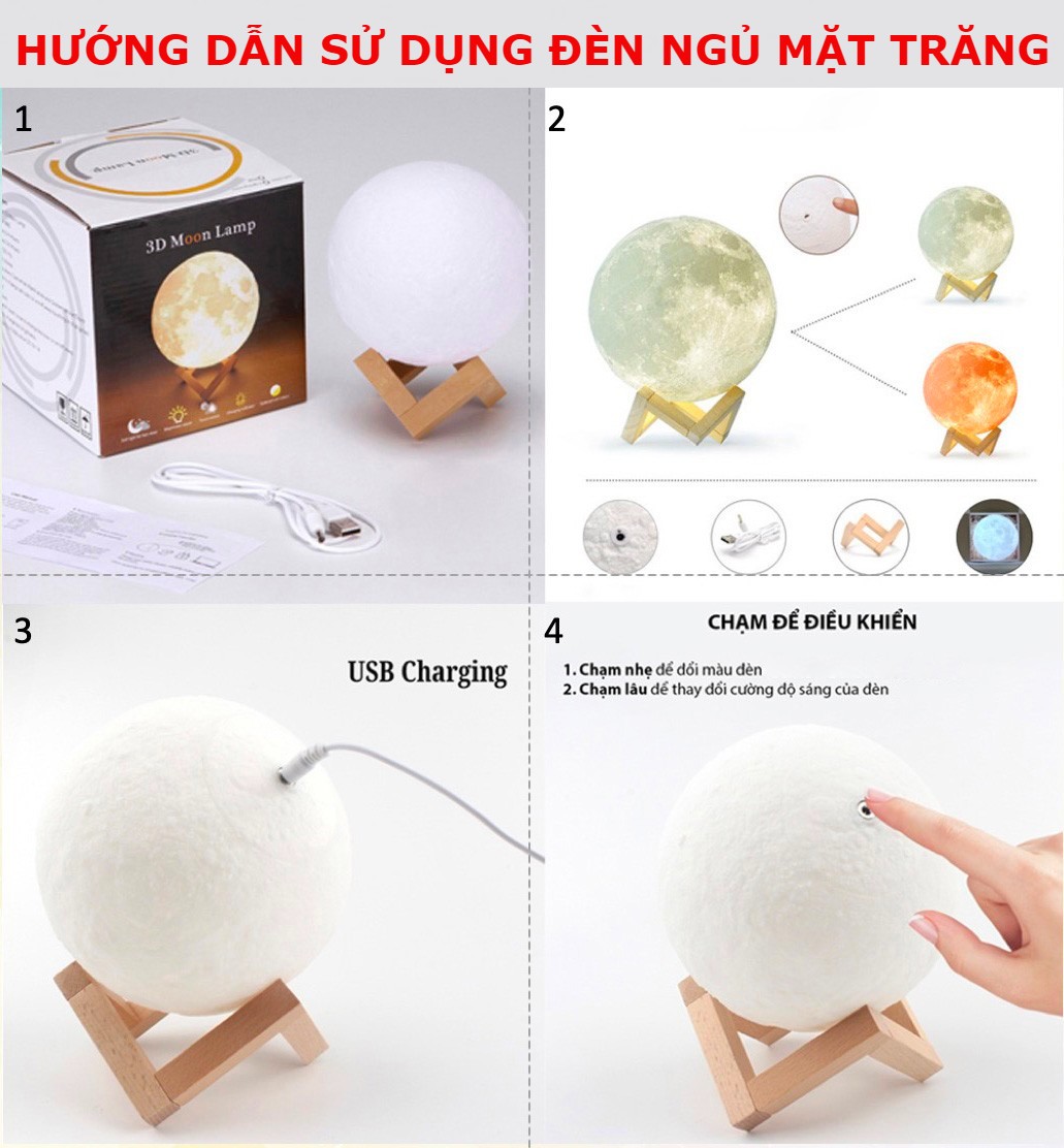 Đèn ngủ mặt trăng HUGAM trang trí phòng ngủ phiên bản PREMIUM 2021 size 10cm/12cm/15cm/18cm/20cm tặng đế gỗ, dây sạc