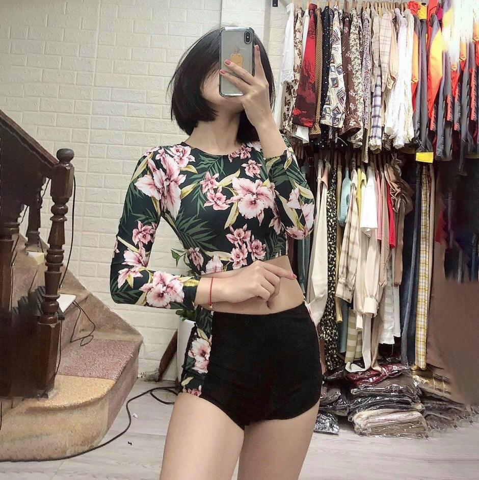 Đồ bơi nữ Bikini nữ 2 mảnh họa tiết dài tay đan lưng quần đùi kín đáo bộ bơi hoa đi biển QP009