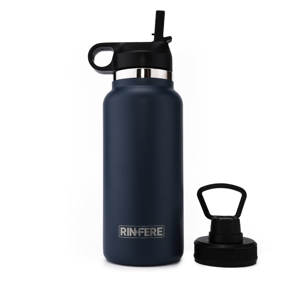 Bình Giữ Nhiệt Rinfere Với Combo 2 Nắp, Dụng Cụ Vệ Sinh Ống Hút - Navy - 946Ml