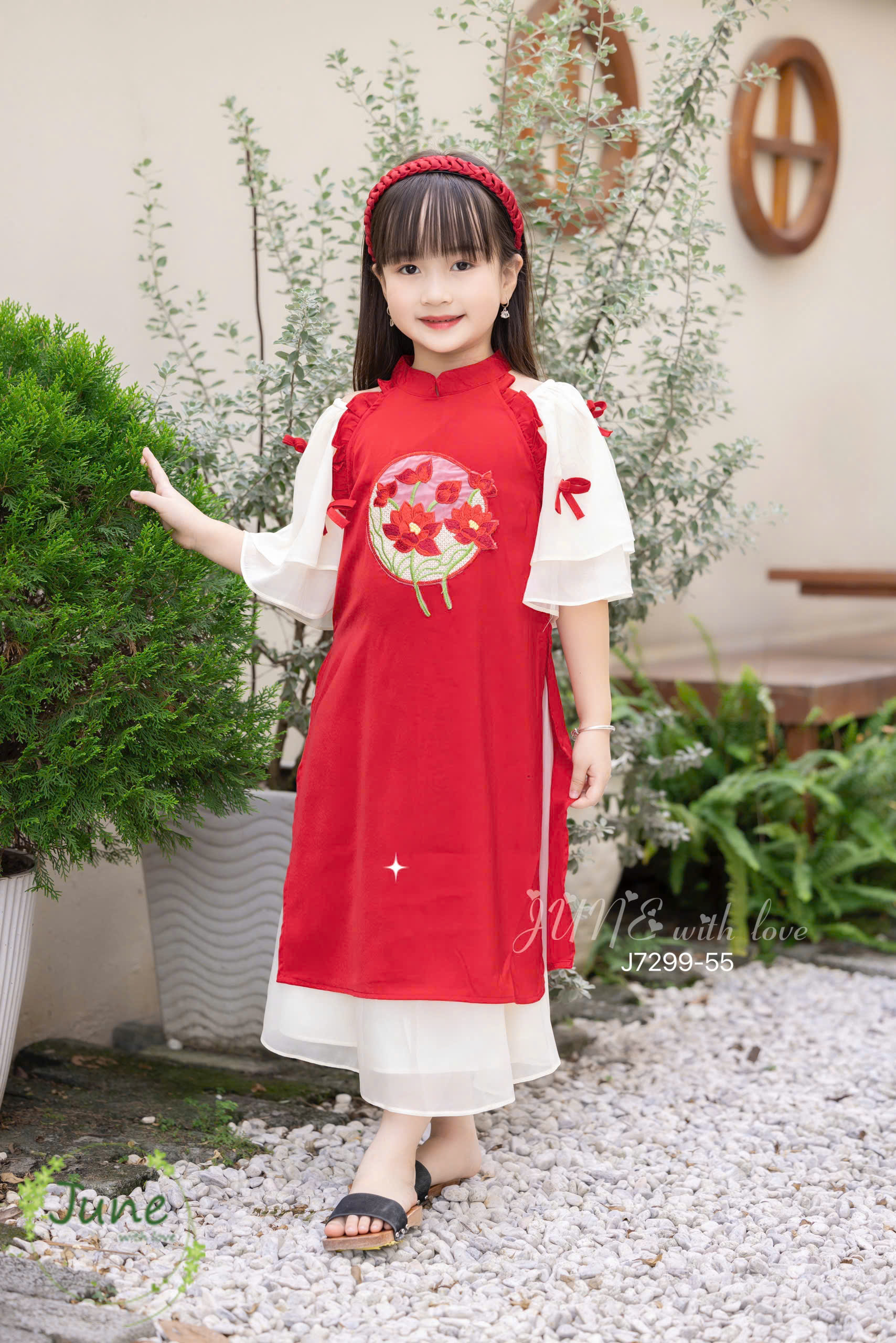 Bộ áo dài tết cho bé gái mẫu hoa sen xinh xắn diện tết năm mới giáng sinh noel từ 12-50kg hàng thiết kế cao cấp