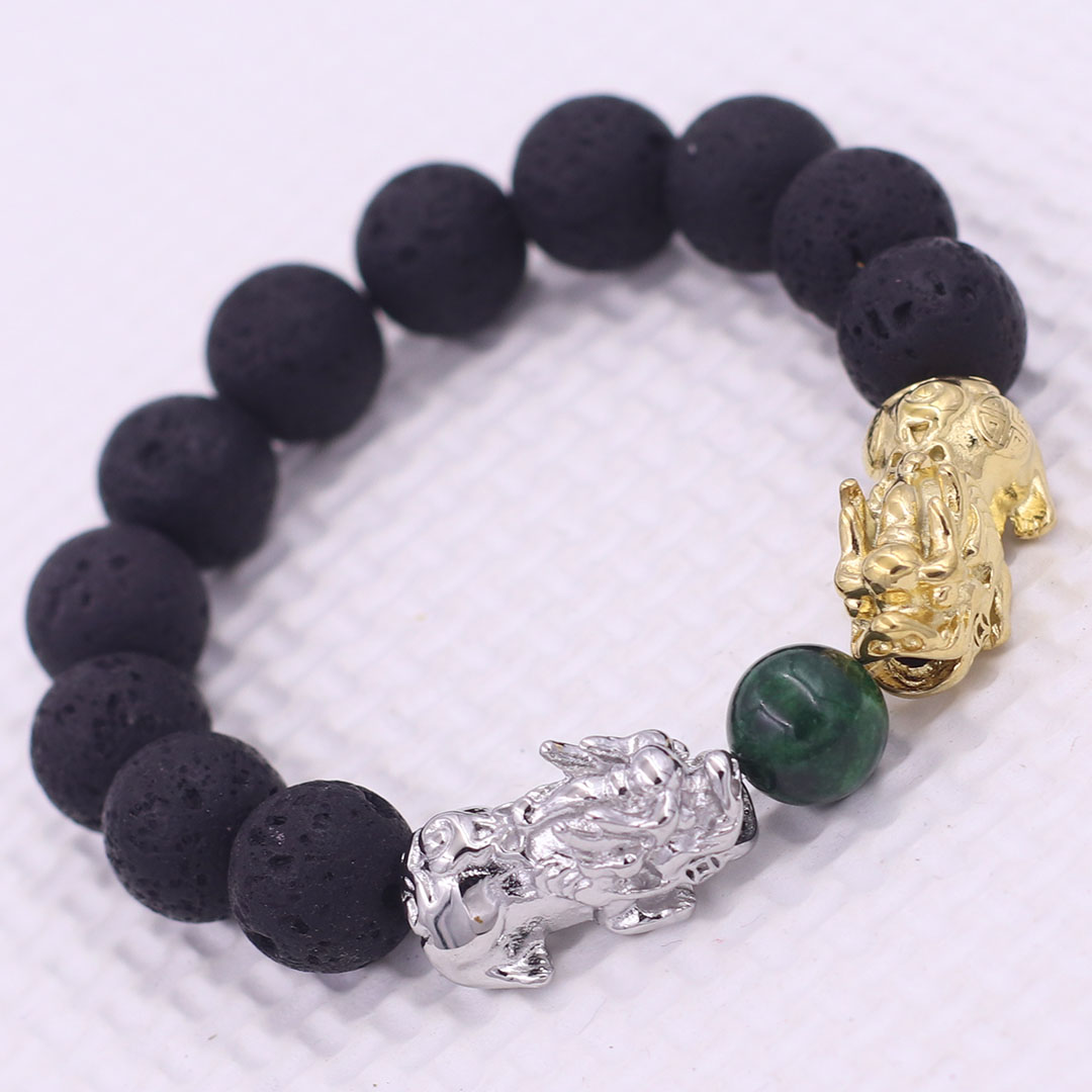 Vòng chuỗi đeo tay đá núi lửa 12 ly charm tỳ hưu đôi inox trắng và vàng, vòng chuỗi phong thủy, charm tỳ hưu, vòng tay hạt chuỗi