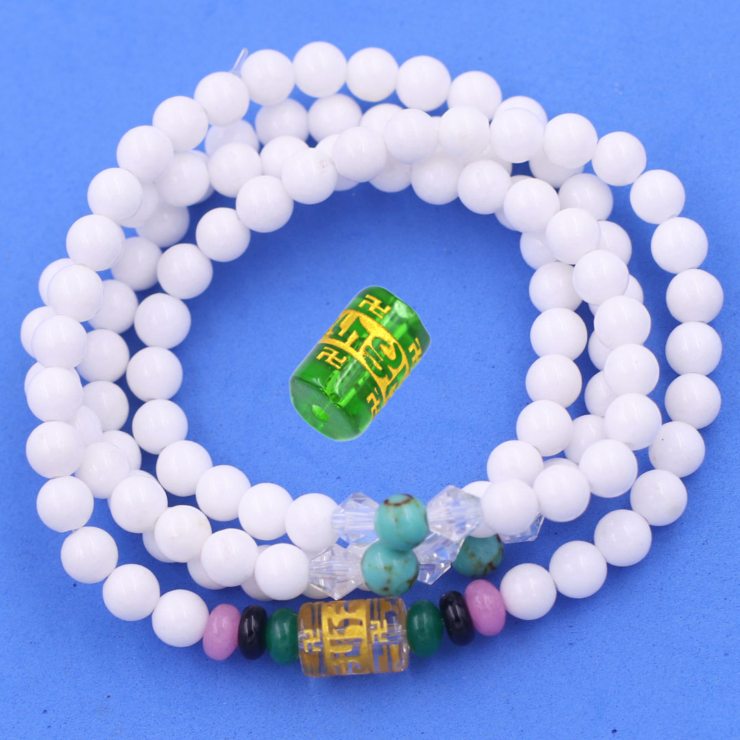 Bộ Vòng Chuỗi, Tràng Hạt 108 Hạt 6 Ly Đá San Hô Trắng Charm Lục Tự Chân Ngôn - Tràng Chuỗi Niệm Phật - An Yên - Thịnh Vượng - May Mắn - Tài Lộc