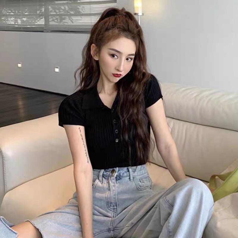 Áo thun polo len dệt kim nữ tay ngắn cổ đức phong cách Hàn Quốc trẻ trung
