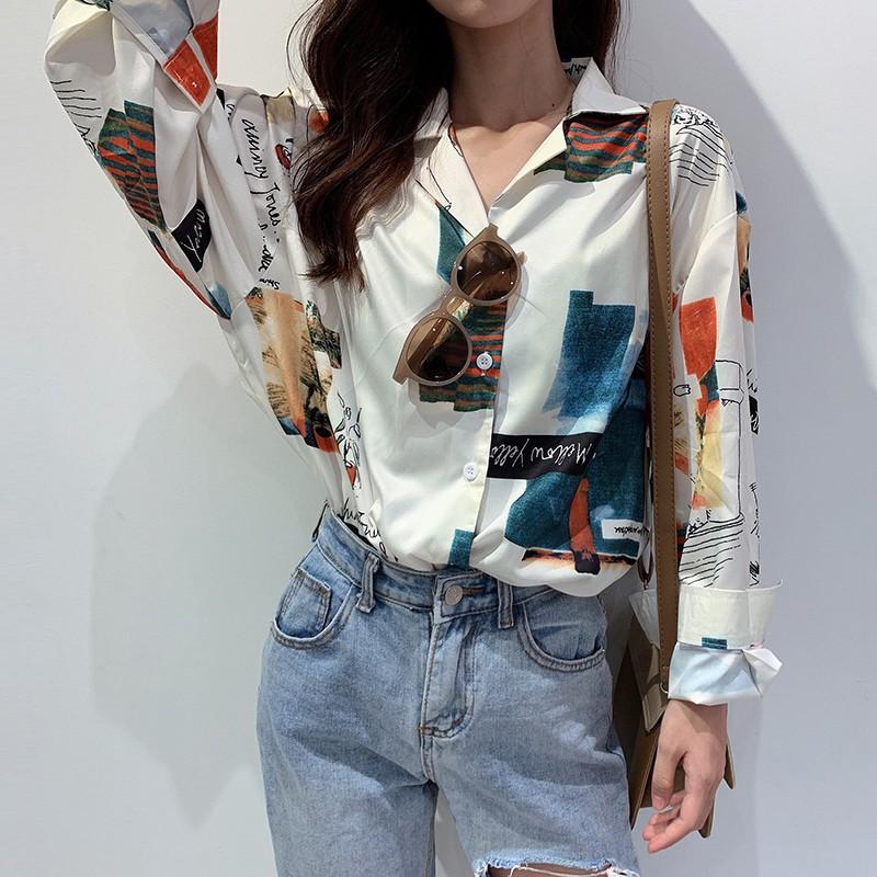 Áo sơ mi dài tay form rộng in họa tiết hoạt hình phong cách vintage thời trang