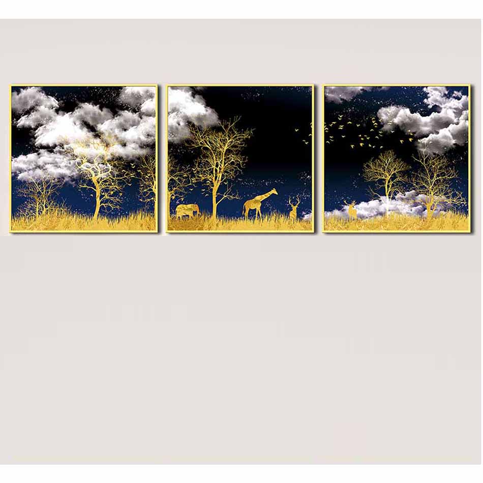 Bộ 3 tranh canvas treo tường Decor họa tiết cách điệu hươu và rừng cây, phong cách hiện đại - DC033