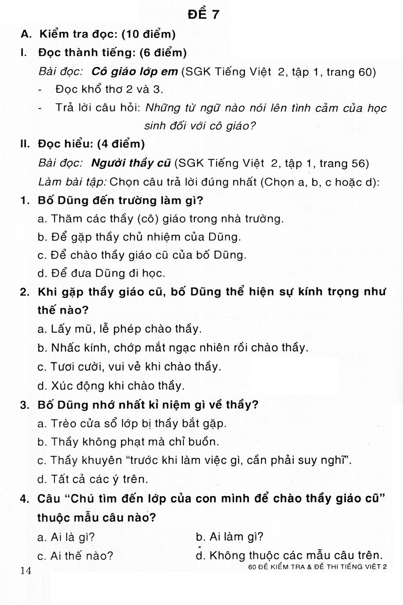 Hình ảnh 60 Đề Kiểm Tra Và Đề Thi Tiếng Việt Lớp 2 (Tái Bản)