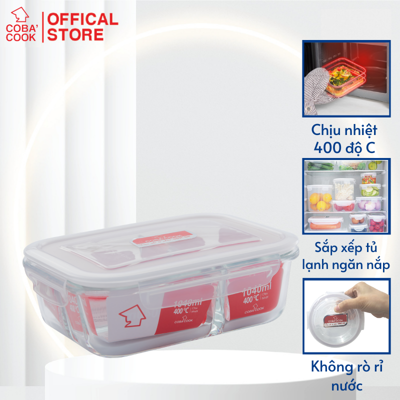 Hình ảnh Hộp Thủy Tinh Chia 3 Ngăn COBACOOK Đựng Cơm Đựng Thực Phẩm Chịu Nhiệt 1040ML - CBHL1040