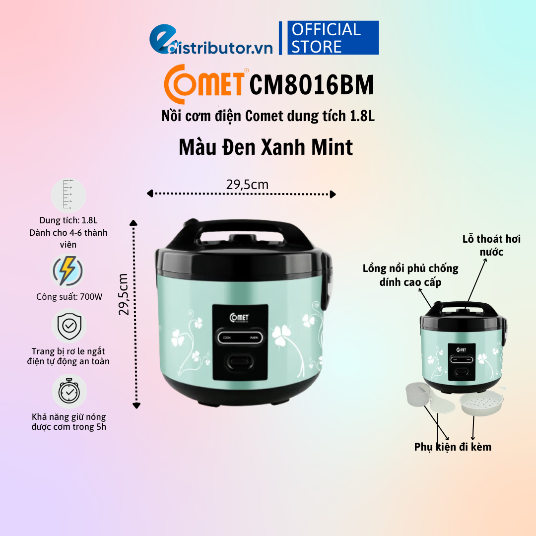 Nồi cơm điện nắp gài 1.8L COMET - CM8016 - Hàng Chính Hãng - Bảo Hành12 tháng
