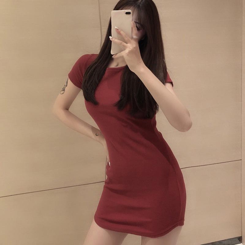 Đầm Thun Ngắn Tay Cổ Tròn Gợi Cảm Dành Cho Nữ