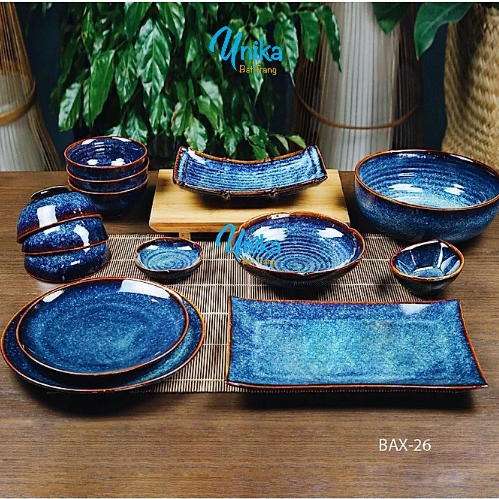 Bộ đồ ăn men xanh hỏa biến - Set đồ ăn men xanh sóng biển BAX26 - Gốm Bát Tràng