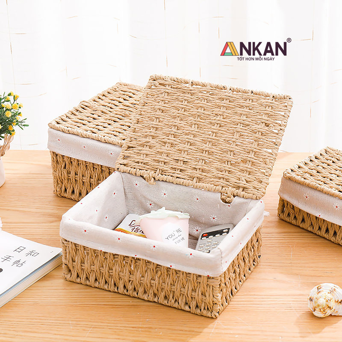 Giỏ Đựng Mỹ Phẩm Có Nắp ANKAN Dùng Để Bàn, Đựng Đồ Mini, Sắp Xếp Đồ Đạc Gọn Gàng, Ngăn Nắp