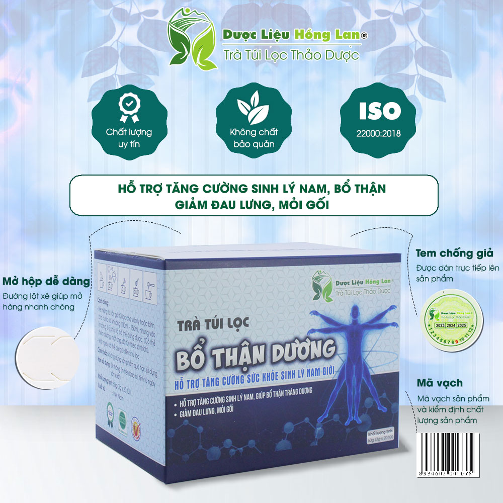 Trà túi lọc Bổ Thận Dương hộp 60g (20gói x3g) Dược Liệu Hồng Lan -  Hỗ trợ tăng cường sức khỏe sinh lý nam giới, mạnh gân cốt,...