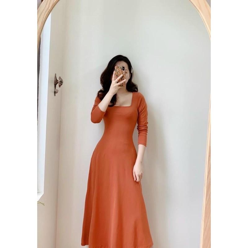 Váy dáng xòe cổ vuông dài tay &lt;3 Đầm xòe cổ u tôn dáng