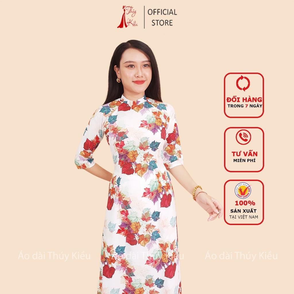 Áo dài nữ may sẵn thiết kế đẹp cách tân tết nền trắng lá nho K142 Thúy Kiều mềm mại, co giãn, áo dài giá rẻ