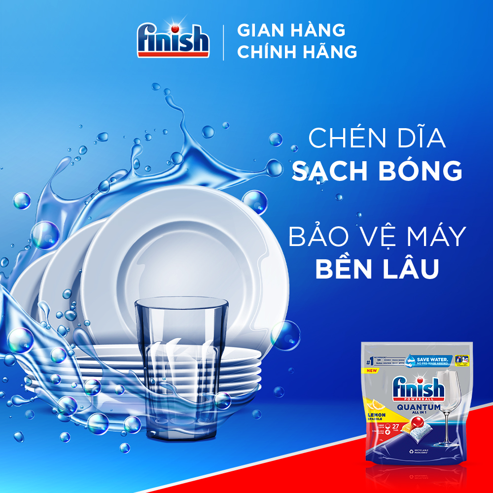 Combo Finish toàn diện: Bộ 3 túi viên rửa chén Quantum 27 viên + Nước làm bóng 500ml + Muối rửa chén bát 1kg