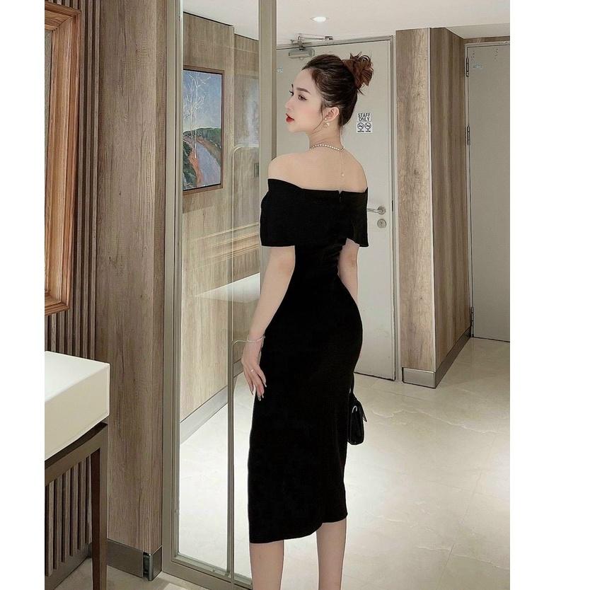 Đầm kiểu nữ trễ vai ôm body sẻ tà tay ngắn eo xếp ly có kèm mút thiết kế cho phái đẹp Kgia fashion