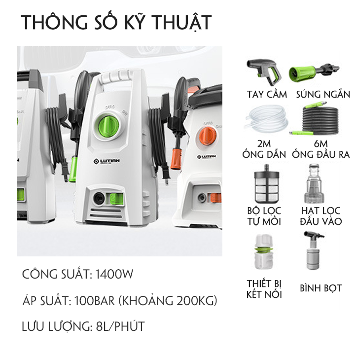 Máy rửa xe mini tăng áp cầm tay cho gia đình chống giật, chống thấm, tự mồi nước + Thêm bình bọt tuyết