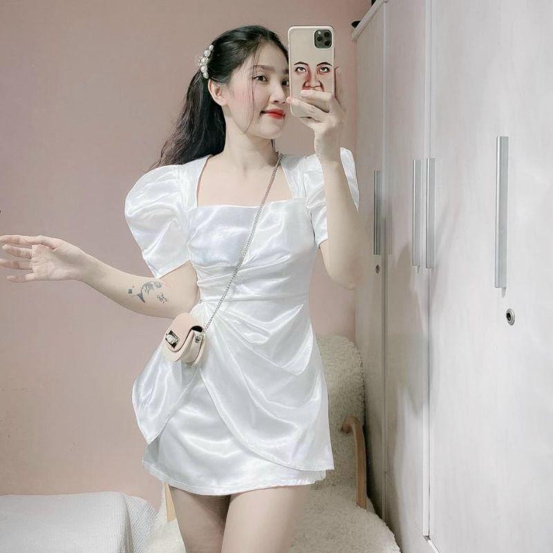 Đầm dự tiệc trắng đỏ bèo hông