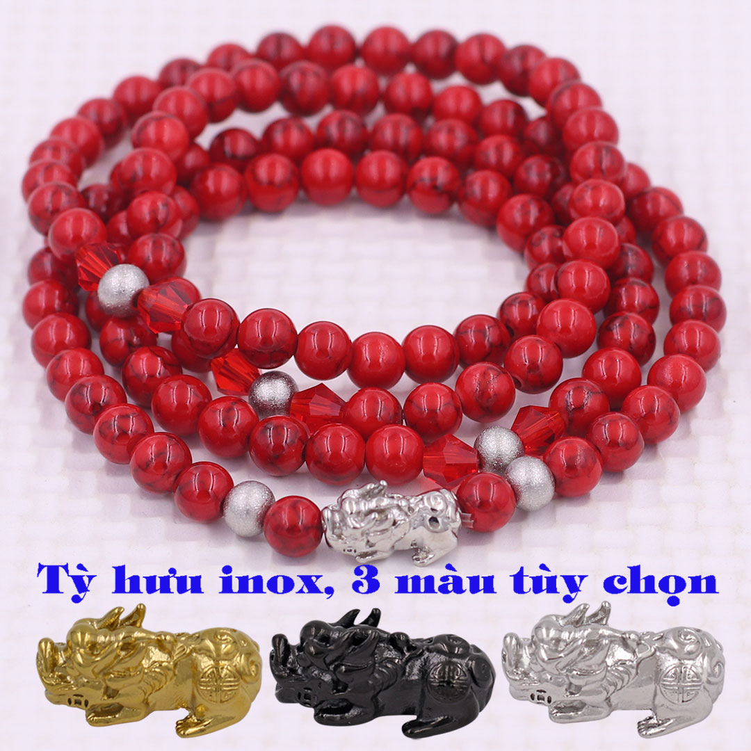 Vòng chuỗi 108 hạt Đá San hô Đỏ charm tỳ hưu inox - Chuỗi hạt 6 ly, 8 ly - Vòng chuỗi niệm Phật Bình an, May mắn - Mệnh Hỏa, Thổ
