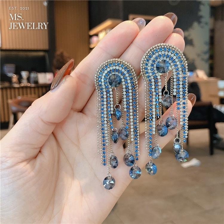 Khuyên Tai Dài Chất Bạc S925 Đính Đá Phong Cách Tiệc Đêm Tông Xanh Dương