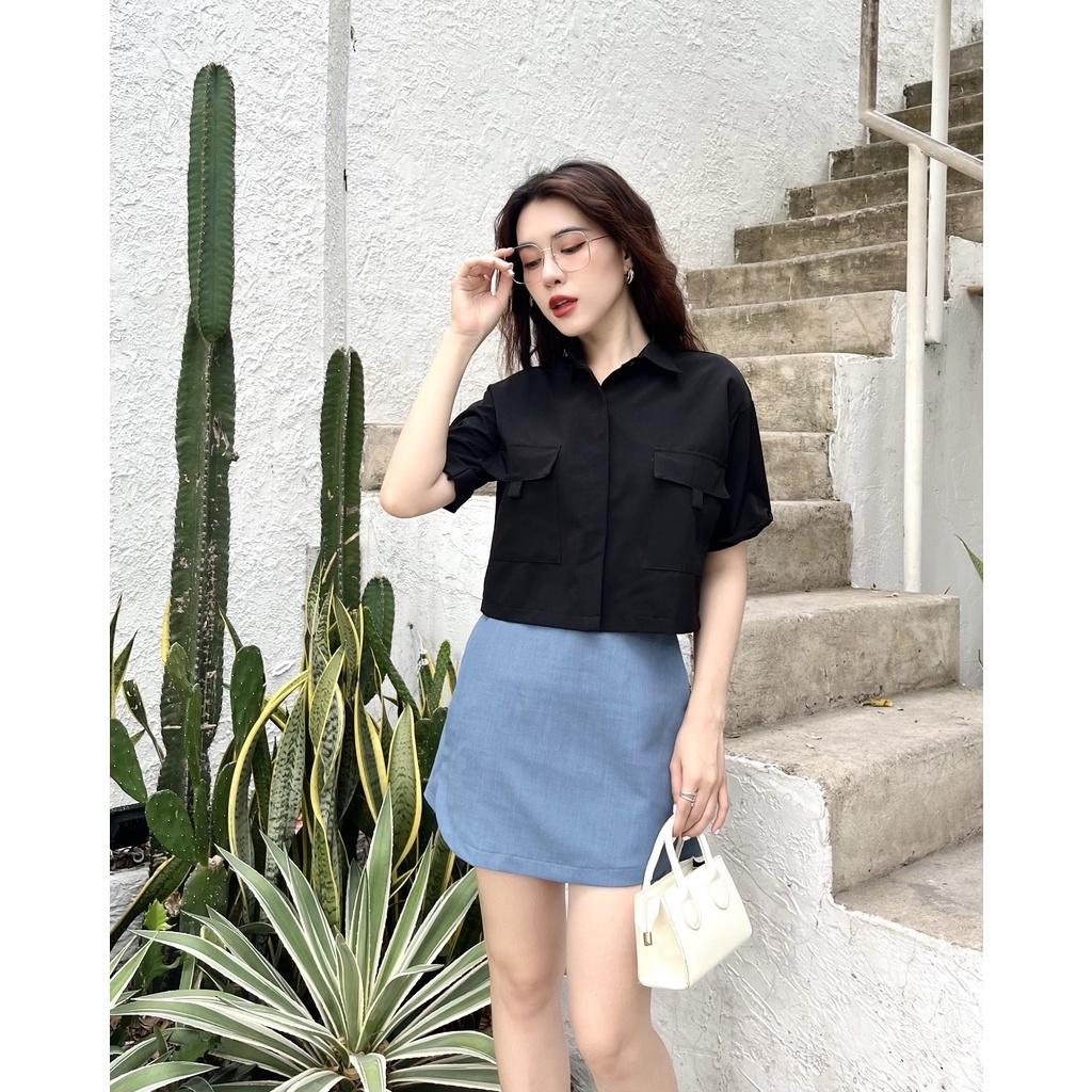Áo sơ mi croptop ngắn tay phom rộng cá tính