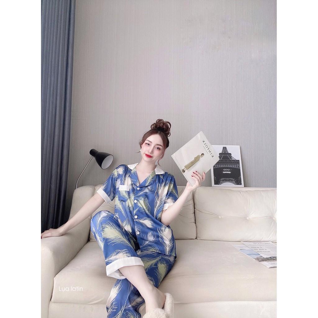 Bộ Pijama Mặc Nhà Nữ Lụa Cao Cấp Kiểu Tay Cộc Quần Dài Họa Tiết Sang Chảnh Dễ Thương