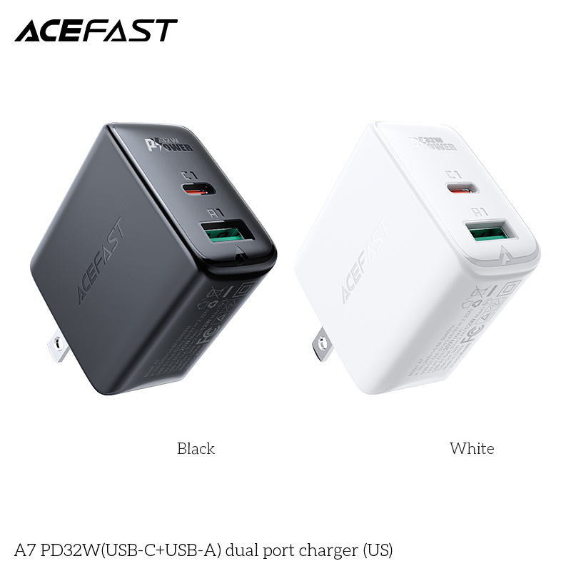 Adapter Sạc Acefast PD 3.0 32W 2 Cổng USB Type-C USB A Chuôi Dẹt US A7 - Hàng Chính Hãng