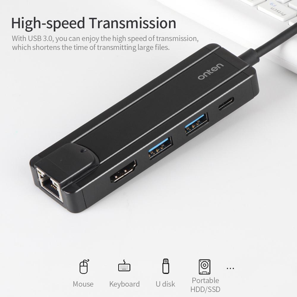 Bộ chuyển đổi onten USB Ethernet Type-C sang HD 5 trong 1 Hub PD Sạc nhanh / Truyền tốc độ cao / Hỗ trợ 10/100 / 1000Mbps