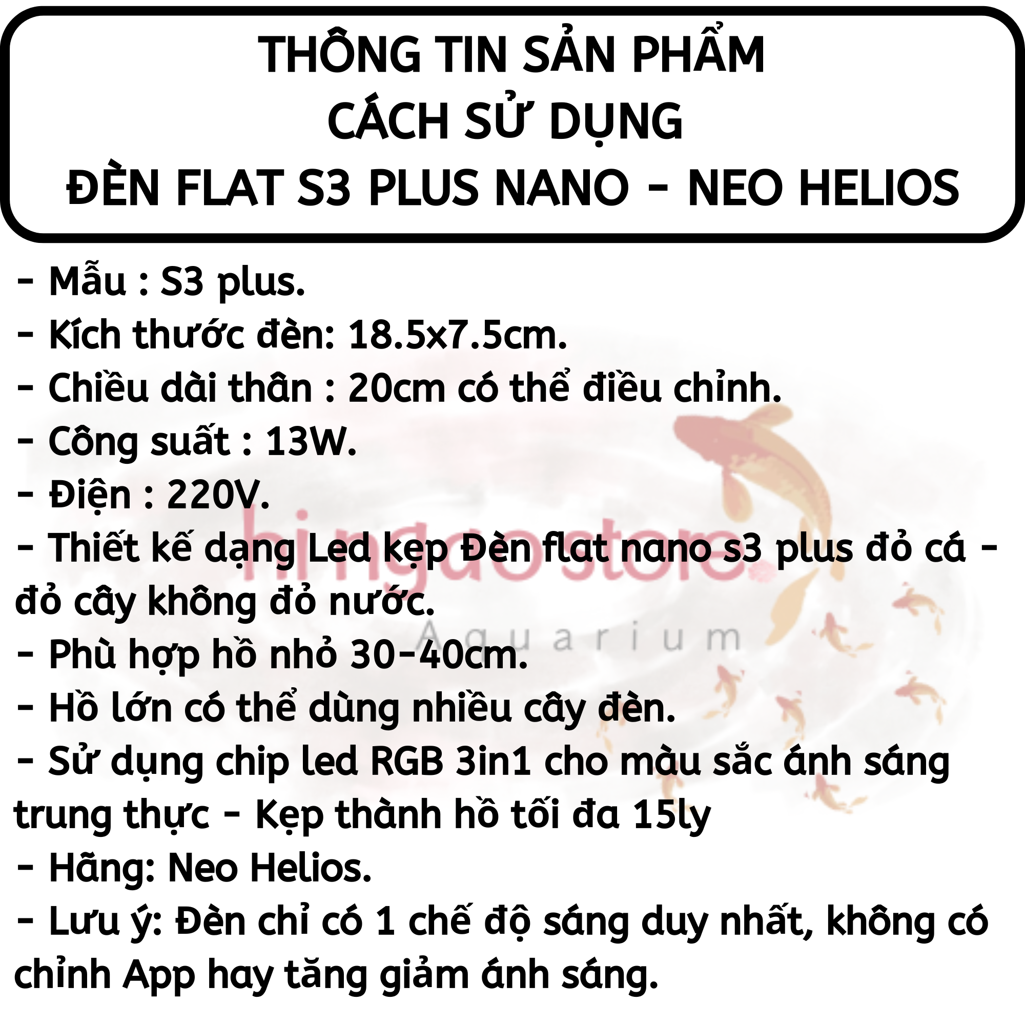 Đèn Led Neo Helios FLAT S3 Plus Nano đánh đỏ cá - đỏ cây không đỏ nước VIVID COLOR RENDERING chuyên dùng cho hồ thủy sinh, hồ cá 25-40cm | Hingaostore.