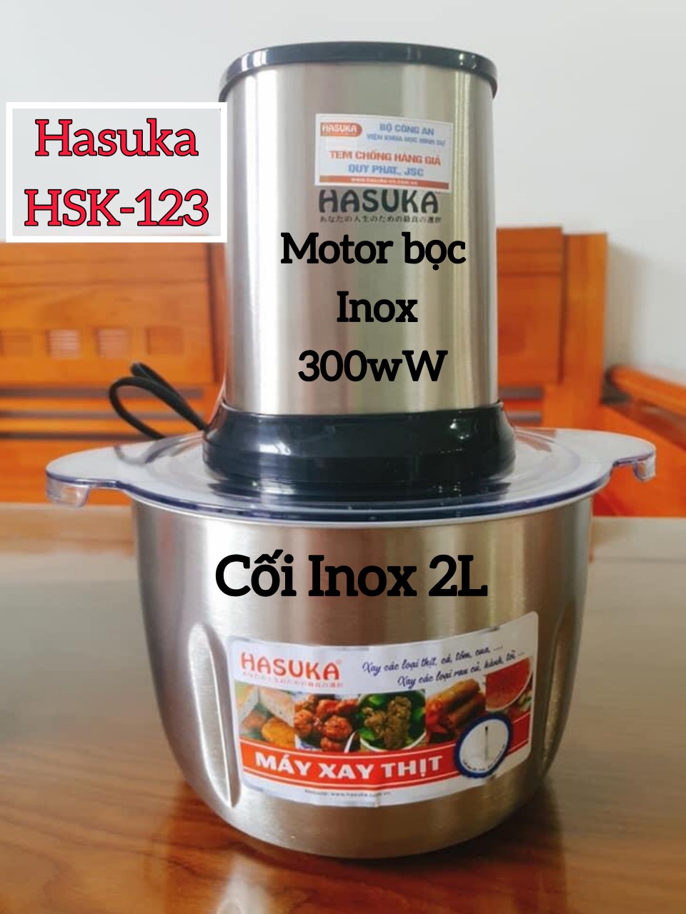 Máy Xay Thịt Đa Năng, Cối Inox 2L, Bộ dao kép 4 lưỡi thép, 2 tốc độ, 300W Hasuka HSK-123, Tặng kèm Đồ bóc vỏ hành tỏi tiện lợi - Hàng Chính Hãng