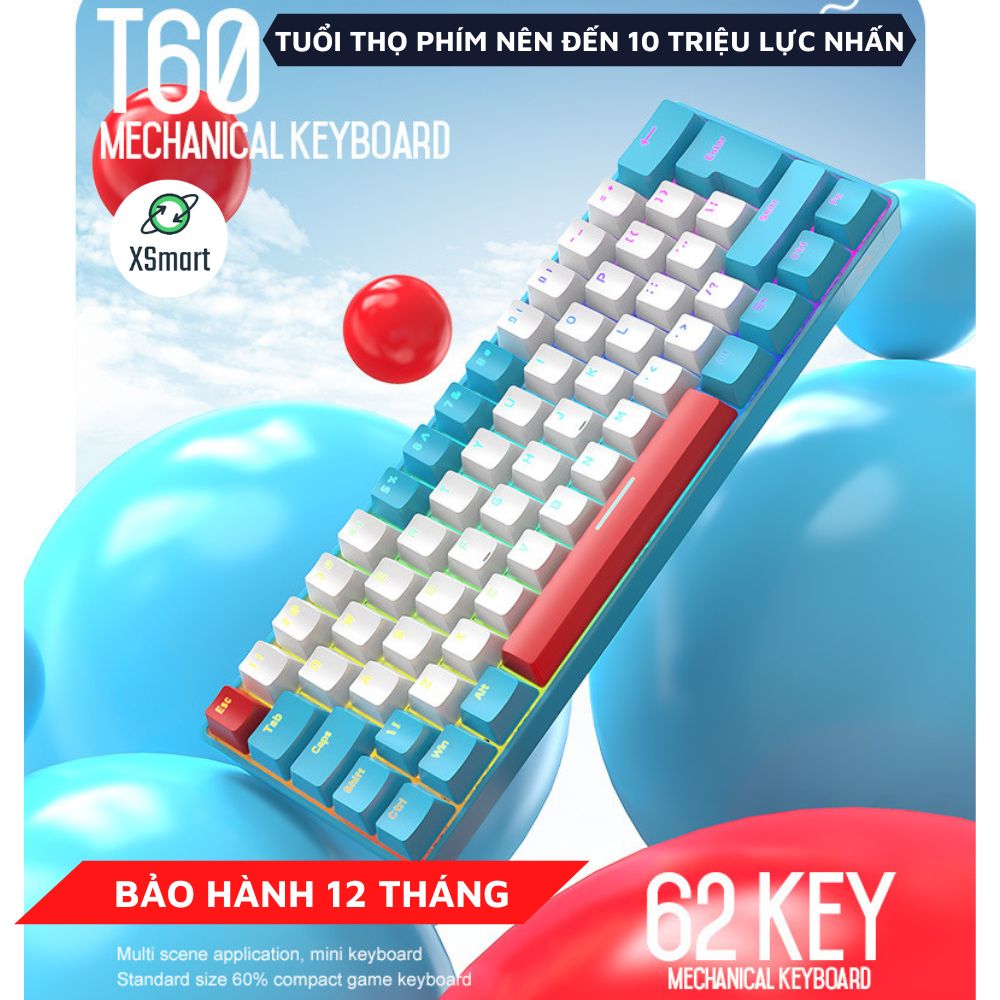 Bàn Phím Cơ RGB Led 18 Chế Độ Có Dây T60 Trục Cơ Red Switch Gõ Êm Giảm Ồn Có HOTSWAP Dùng Cho Máy Tính/ Laptop/ PC-Hàng Chính Hãng