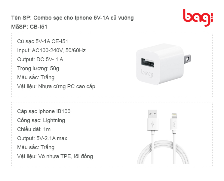 Combo Củ Sạc + Dây Cáp Sạc IPhone BAGI CB-I51N - Chính Hãng