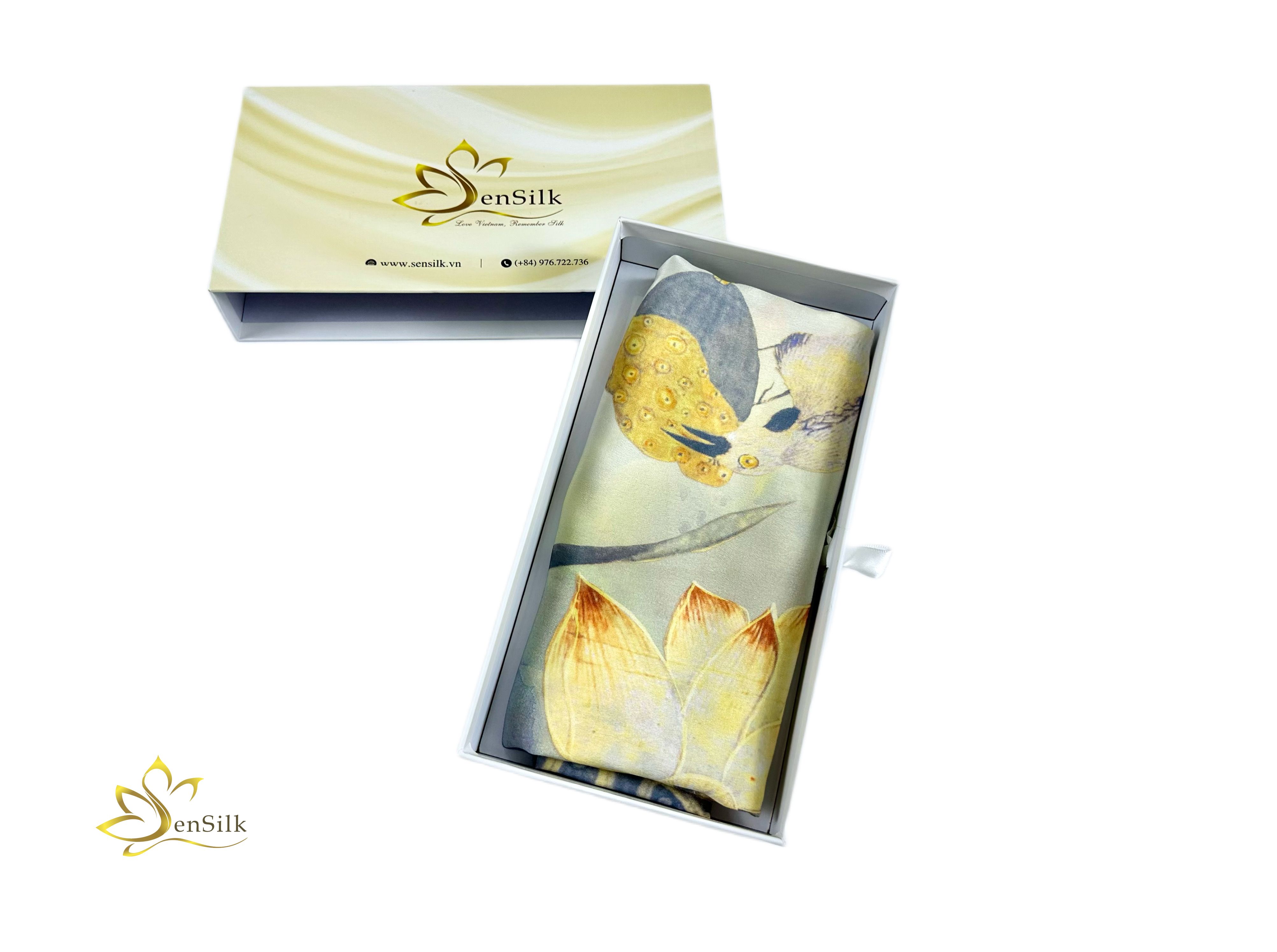 Khăn Lụa in Sen Vàng SenSilk KLDI01 - 100% Mulberry Silk Printed Scarf - Quà Tặng Việt Nam